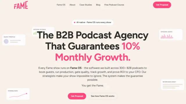 Page d accueil de Fame, agence de podcast B2B propulsee par Fame OS